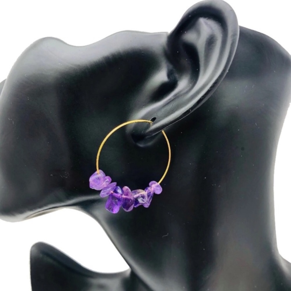 Natural Stone Gold Hoop Earrings - Picture 5 of 5